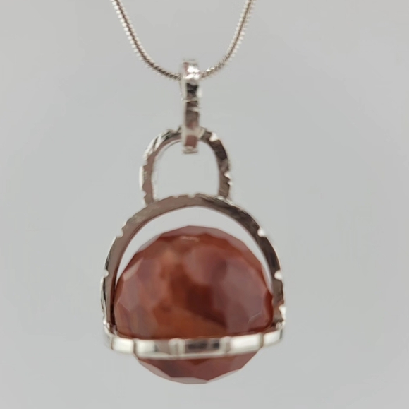 SPHERE CARNELIAN PENDANT IN STERLING SILVER METAL SNAKE CHAIN APPROX 18" - Picture 7 of 9